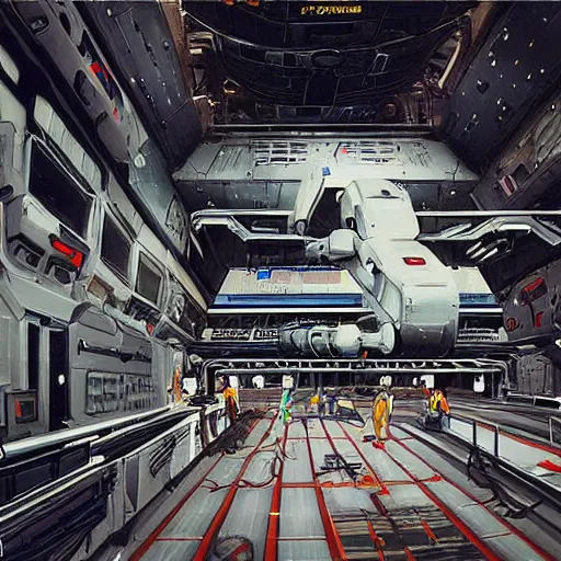 Image similar to “in the hangar of a space station looking up at an immense transport frigate space cruiser with graffiti on its side. Several robots are working on the docked spaceship.”