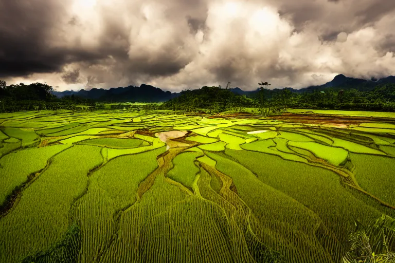 Prompt: a beautiful landscape photography of Gunung Jerai, Yan, Malaysia with a paddy field, dramatic sky, 500px, award winning, moody