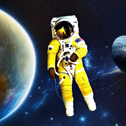 Image similar to astronaut in space, galactic background reflections on suit on one side and a yellow planet on the other side