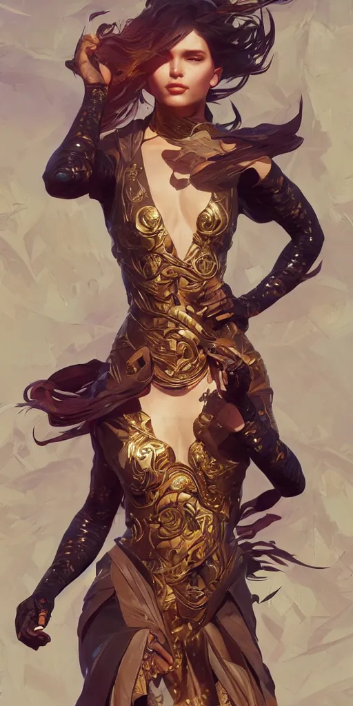 Image similar to high fashion shooting, intricate, highly detailed, action pose, digital painting, artstation, concept art, smooth, sharp focus, illustration, Unreal Engine 5, 8K, art by artgerm and greg rutkowski and alphonse mucha