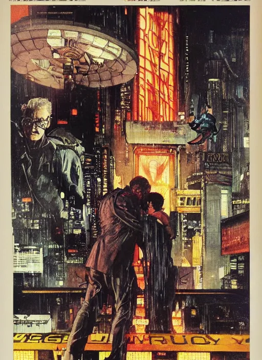 Image similar to the roy batty scene in blade runner, by norman rockwell and jason fabok and tom lovell and frank schoonover and dean cornwell and jack kirby