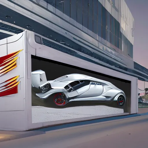 Image similar to sci-fi wall structure logotype and car on the coronation of napoleon painting and digital billboard in the middle, unreal engine 5, keyshot, octane, artstation trending, ultra high detail, ultra realistic, cinematic, 8k, 16k, in style of zaha hadid, in plastic, dark, tilt shift,