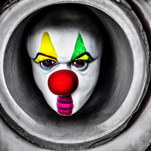 Image similar to clown peeking head out of tank barrel