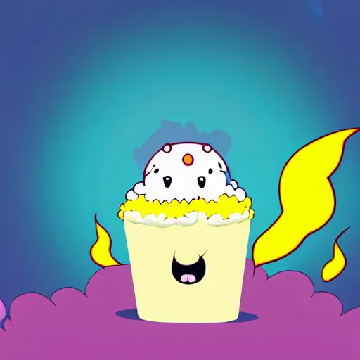 Prompt: kawaii wacky fluffy popcorn with lightning bolt power, yokai, in the style of an adventure time character, with a smiling face and flames for hair, sitting on a lotus flower, white background, simple, clean composition, symmetrical