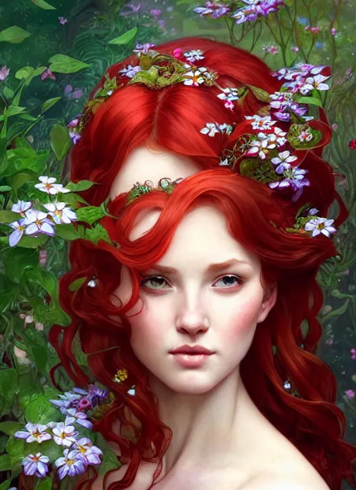 Prompt: a beautiful red haired woman as a fairy princess in a garden, deep focus, d & d, fantasy, intricate, elegant, highly detailed, digital painting, artstation, concept art, matte, sharp focus, illustration, hearthstone, art by artgerm and greg rutkowski and alphonse mucha