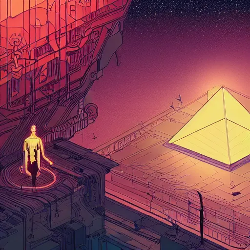 Prompt: Stunningly intricate illustration of a cyberpunk explorer meditating next to a floating triangular glowing monolith, highly detailed, midnight, by Victo Ngai and James Gilleard , Moebius, Laurie Greasley