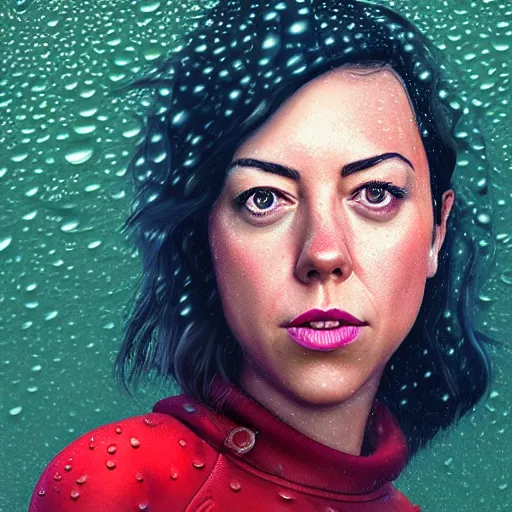 Image similar to aubrey plaza, cartoon portrait made out of rain, realistic, highly detailed, neon, rendered in octane, unreal engine, rain, beautiful, trending on artstation, emotional