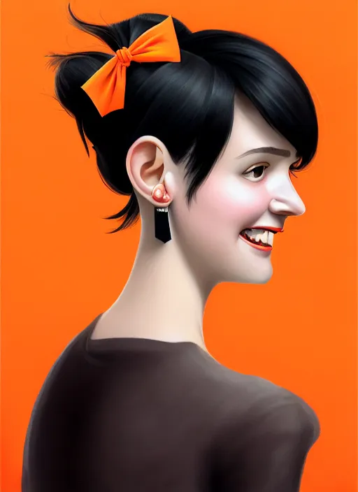 Image similar to portrait of high school girl, realistic, black hair, bangs, half updo hairstyle, pointy nose, skinny, smile, ugly, defined jawline, big chin, orange hair bow, earrings, intricate, elegant, glowing lights, highly detailed, digital painting, artstation, sharp focus, illustration, art by wlop, mars ravelo and greg rutkowski