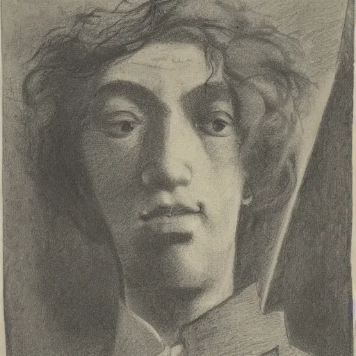 Image similar to A beautiful print of a self-portrait of the artist. He is shown with his head turned to the left, looking at the viewer. His hair is wild and his eyes are wide open. His right hand is raised, as if he is pointing at something. by Lyonel Feininger flowing