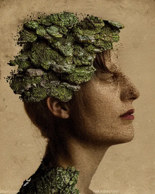 Image similar to a woman's face in profile, made of lichens, in the style of the dutch masters and gregory crewdson, dark and moody