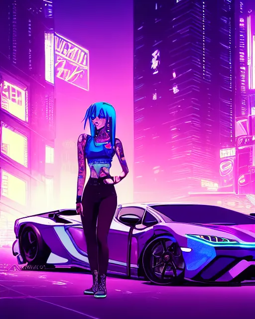 Image similar to digital illustration of cyberpunk pretty girl with blue hair, standing in front of a purple lamborghini, in junkyard at night, by makoto shinkai, ilya kuvshinov, lois van baarle, rossdraws, basquiat