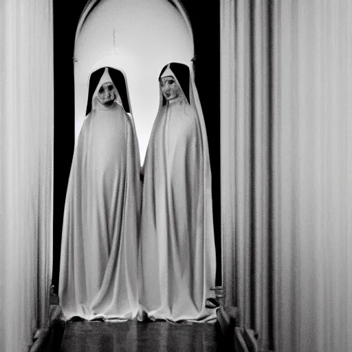 Image similar to nightmare vision, black and white, award winning photo of smiling levitating twin nuns, wearing translucent sheet, Mary in a sanctuary, mirror hallways, eerie, tall columns, frightening —width 1024 —height 1024