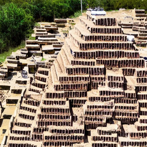 Prompt: pyramid of stacked goats shot from drone