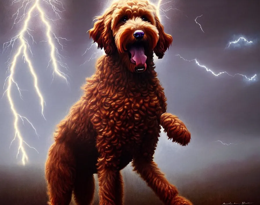 Image similar to an epic painting of a brown goldendoodle as zeus, shooting lightning bolts from his paws, by alex grey and greg rutkowski, intricate details, artstation, cinematic, hd, beautiful