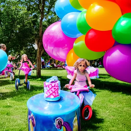 Prompt: children riding (my little pony) at a birthday party in the city park. balloons, cake, presents, craziness, havoc, style of pixar, 8K, 4K