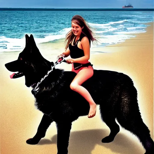 Image similar to girl riding a giant German shepherd at the beach, trending on artstation