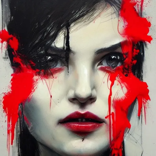 Prompt: portrait of young beautiful woman with two faces covered in red dripping paint, artwork by guy denning and charlie bowater,