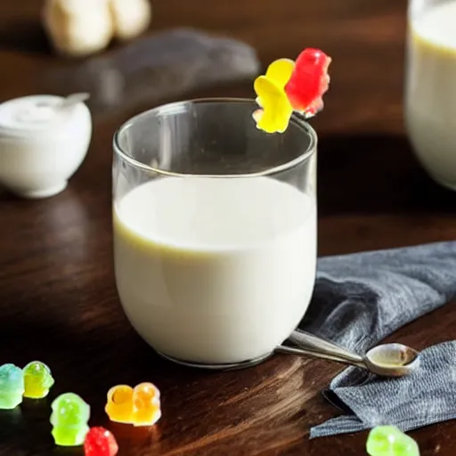 Image similar to Suudsu, skim milk with gummy bears floating in it, Food Network recipe photograph.