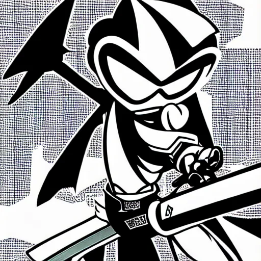 Image similar to hyper metal sonic pointing a katana sword at super mario, in a highly detailed manga style illustration, dark, cyberpunk, dystopian