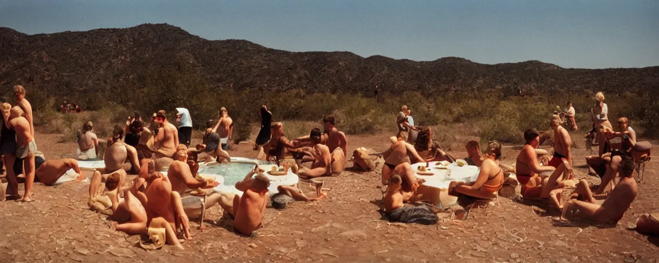 Prompt: people taking a natural hot springs of spaghettios desert evening, kodachrome, in the style of wes anderson