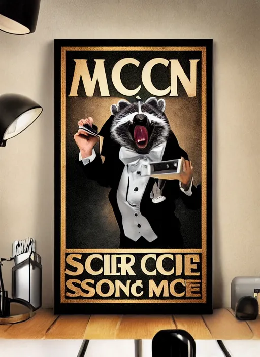 Image similar to A racoon screaming wearing a tuxedo, screaming into an oldschool microphone. Poster