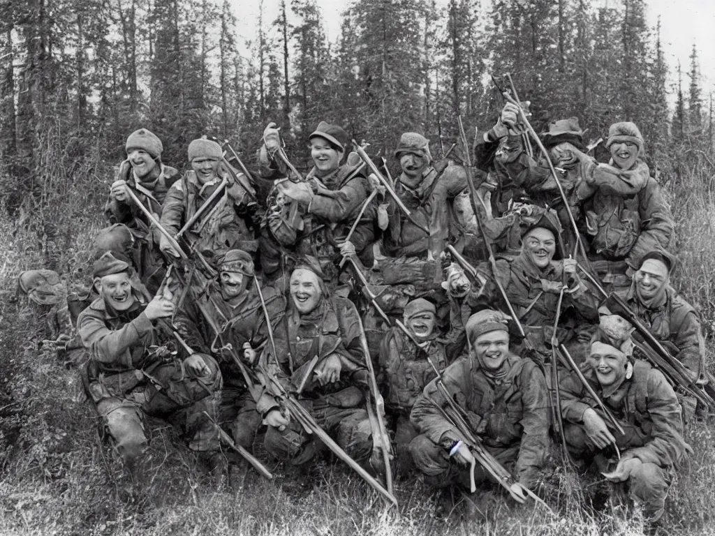 Image similar to happy group of finnish men with rifles preparing for a moose hunt and smiling to the camera, 1 9 6 6, home album pocket camera photo, detailed facial features, hyper realistic