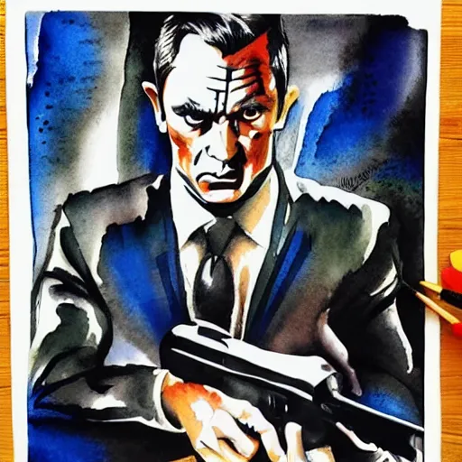 Image similar to James Bond ninja aquarelle painting