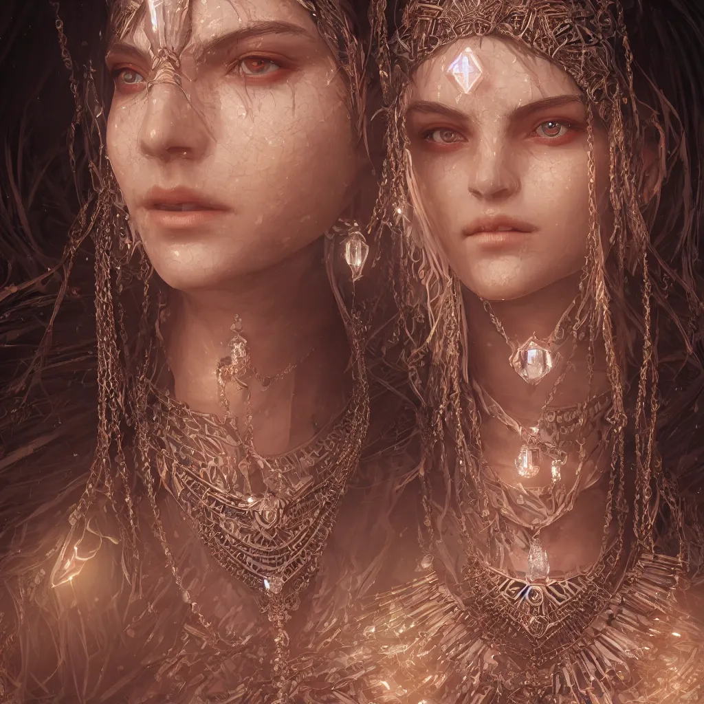 Image similar to portrait highly detailed beautiful symmetrical face high priestess intricate elegant detailed crystal jewellery with tribal feathers, volumetric lighting, digital painting, concept art, smooth, sharp focus 3 d, divine realm of gods, realistic cinematic style, octane render, photographic, concept art unreal engine 8 k by greg rutkowski