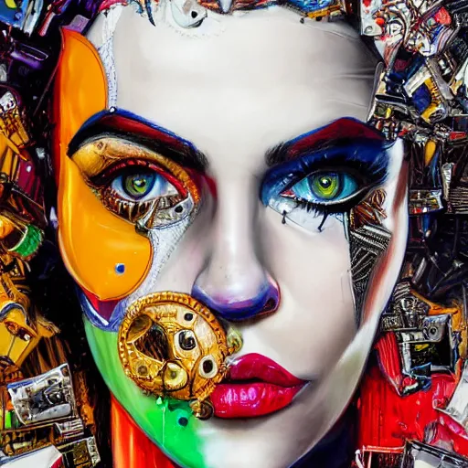 Prompt: portrait of cyborg clown by sandra chevrier, by ibrahem swaid, cybernetics, glamor shot, closeup, vivid colours, hyper realistic detailed intricate render, hypermaximalist, ornate, epic composition, sharp focus, masterpiece