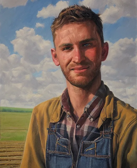 Image similar to portrait of a handsome young ohio farmer, art by denys tsiperko and bogdan rezunenko, hyperrealism