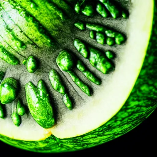 Image similar to close - up shot of a watermelon drenched in green slime, macro lens, depth of field