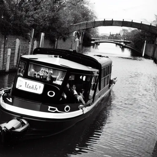 Prompt: high quality photo of johnny cash driving a narrow boat on a canal