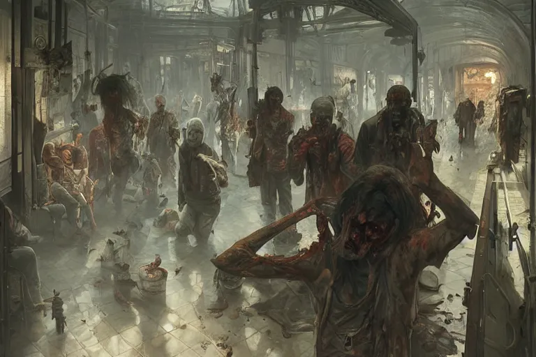 Image similar to painting of zombie apocalypse in subway, ultra realistic, concept art, intricate details, eerie, highly detailed, photorealistic, octane render, 8 k, unreal engine. art by artgerm and greg rutkowski and alphonse mucha