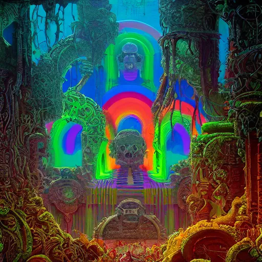 Image similar to overgrown jain temple of death with glowing mayan rainbow skulls, by michael whelan and moebius and beeple and kilian eng and dan mcpharlin and pascal blanche and jamie hewlett and richard dadd, symmetrical, magical stormy reflections, smoke on water, 8 k hi - res, acid, metropolis disco laser rays