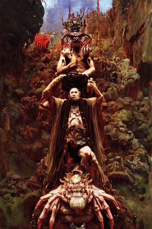 Prompt: full length portrait of crablike demonic king sitting on subterranean throne, tiny servants offer him fruit, dynamic, painted by ruan jia, lawrence alma tadema, zdzislaw beksinski, norman rockwell, jack kirby, tom lovell, alex malveda, greg staples, hand of fear, bbc, tv