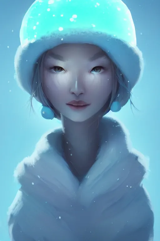 Prompt: super cute Bioluminescent snow nomad character concept, soft light, soft mood, realistic body features and face, illustration, painting oil on canvas by Elena Zhurikhina and Goro Fujita and Charlie Bowater, octane render trending on artstation, 4k, 8k, HD