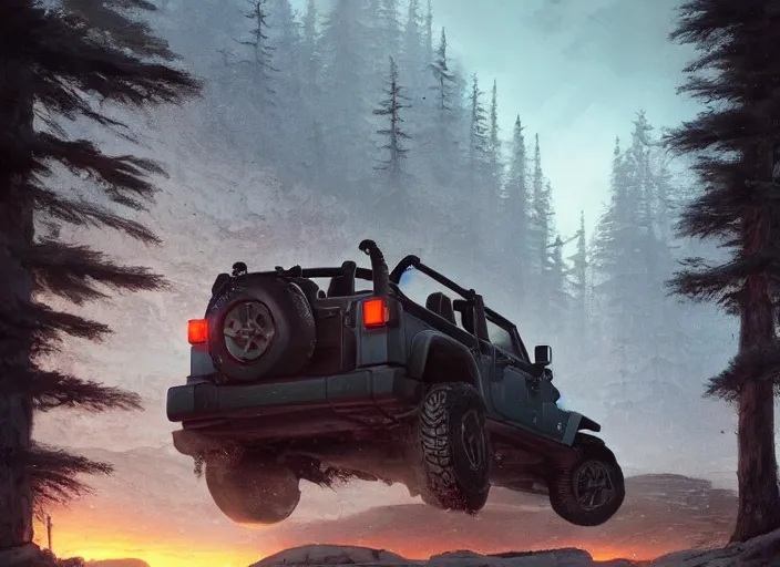 Image similar to jeep wrangler, an epic fantasy, dramatic lighting, cinematic, establishing shot, extremely high detail, photorealistic, cinematic lighting, artstation, by simon stalenhag, horizon forbidden west