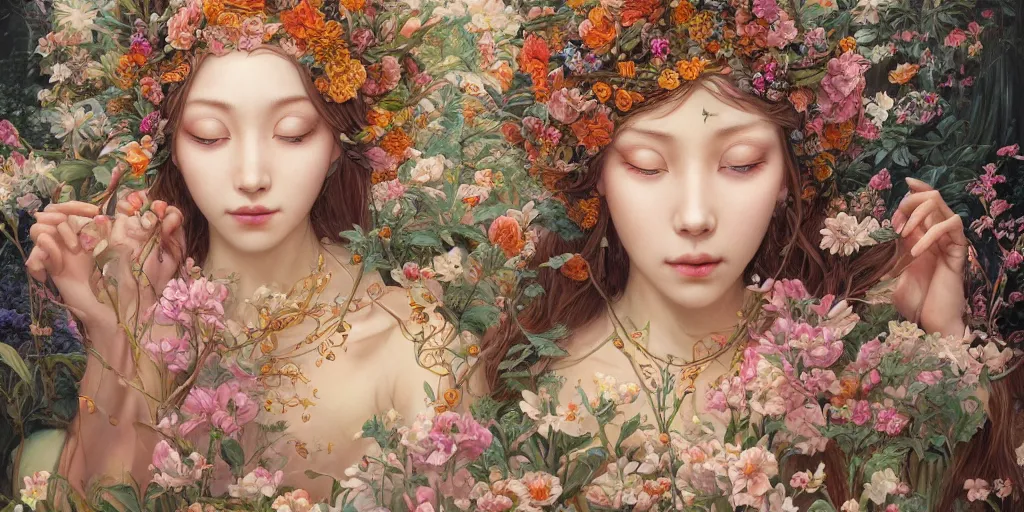 Prompt: breathtaking detailed concept art painting of the goddess of flowers, orthodox saint, with anxious, piercing eyes, ornate background, amalgamation of leaves and flowers, by Hsiao-Ron Cheng, James jean, Miho Hirano, Hayao Miyazaki, extremely moody lighting, 8K