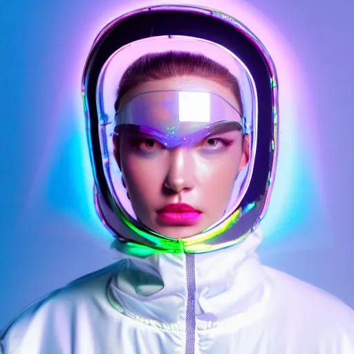 Prompt: an ultra high definition professional studio quality photograph of an artificial celebrity cyberpunk pop star wearing a transparent iridescent perspex pastel coloured face visor and matching raincoat in an empty white room. dramatic lighting. volumetric shadows. light rays