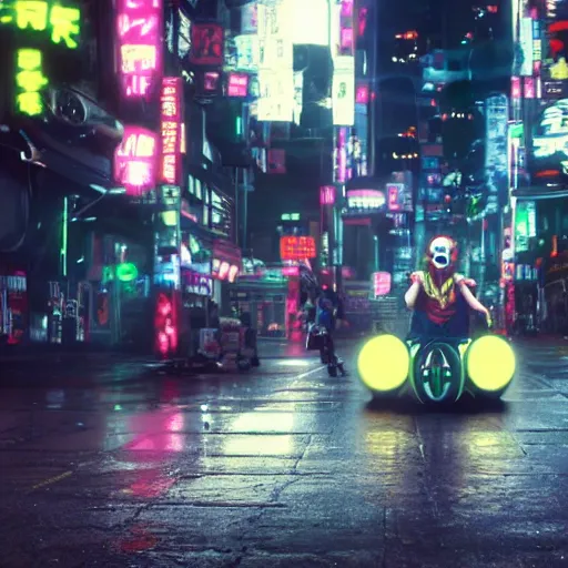 Prompt: the joker from batman riding a tricycle in a neotokyo street, cyberpunk, movie still, 4 k