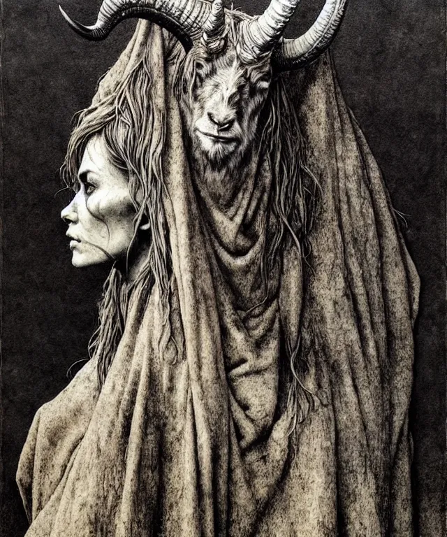 Image similar to A detailed horned goatwoman stands among the hills. Wearing a ripped mantle, robe. Perfect faces, extremely high details, realistic, fantasy art, solo, masterpiece, art by Zdzisław Beksiński, Arthur Rackham, Dariusz Zawadzki