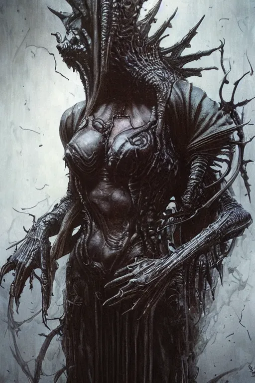 Image similar to portrait of claudia black by hr giger, greg rutkowski and wayne barlowe as a diablo, resident evil, dark souls, bloodborne monster