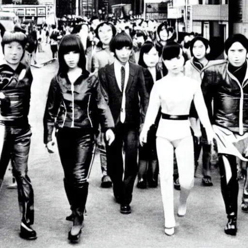 Image similar to 1 9 7 0 s japanese tv show, bw, cyborg monsters walking the streets of shinjuku,