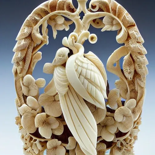 Prompt: a intricate ivory carving sculpture with birds and lemons and jungle leaves, ornate, complex, highly detailed, fine detail