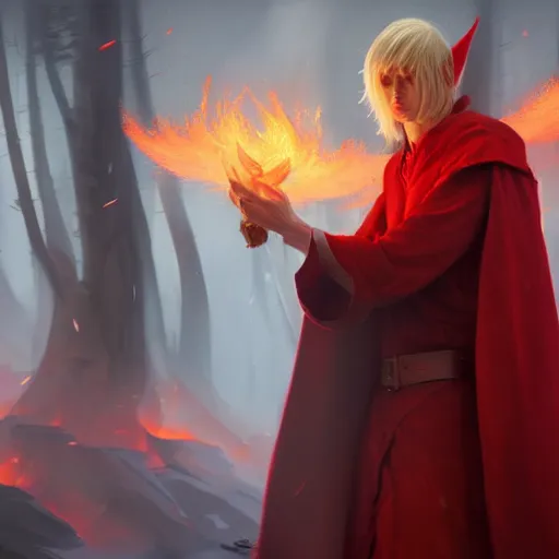 Image similar to middle adged blonde male elf wizard in red robes, surrounded by fire, epic wallpaper, high fantasy, trees, intricate detail, digital painting, artstation, concept art, smooth, sharp focus, illustration, art by greg rutkowski and wlop and raymond swanland and ross tran