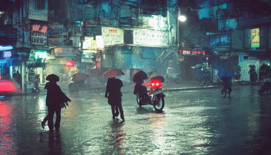 Prompt: street of hanoi photography, night, rain, mist, cinestill 8 0 0 t, in the style of william eggleston