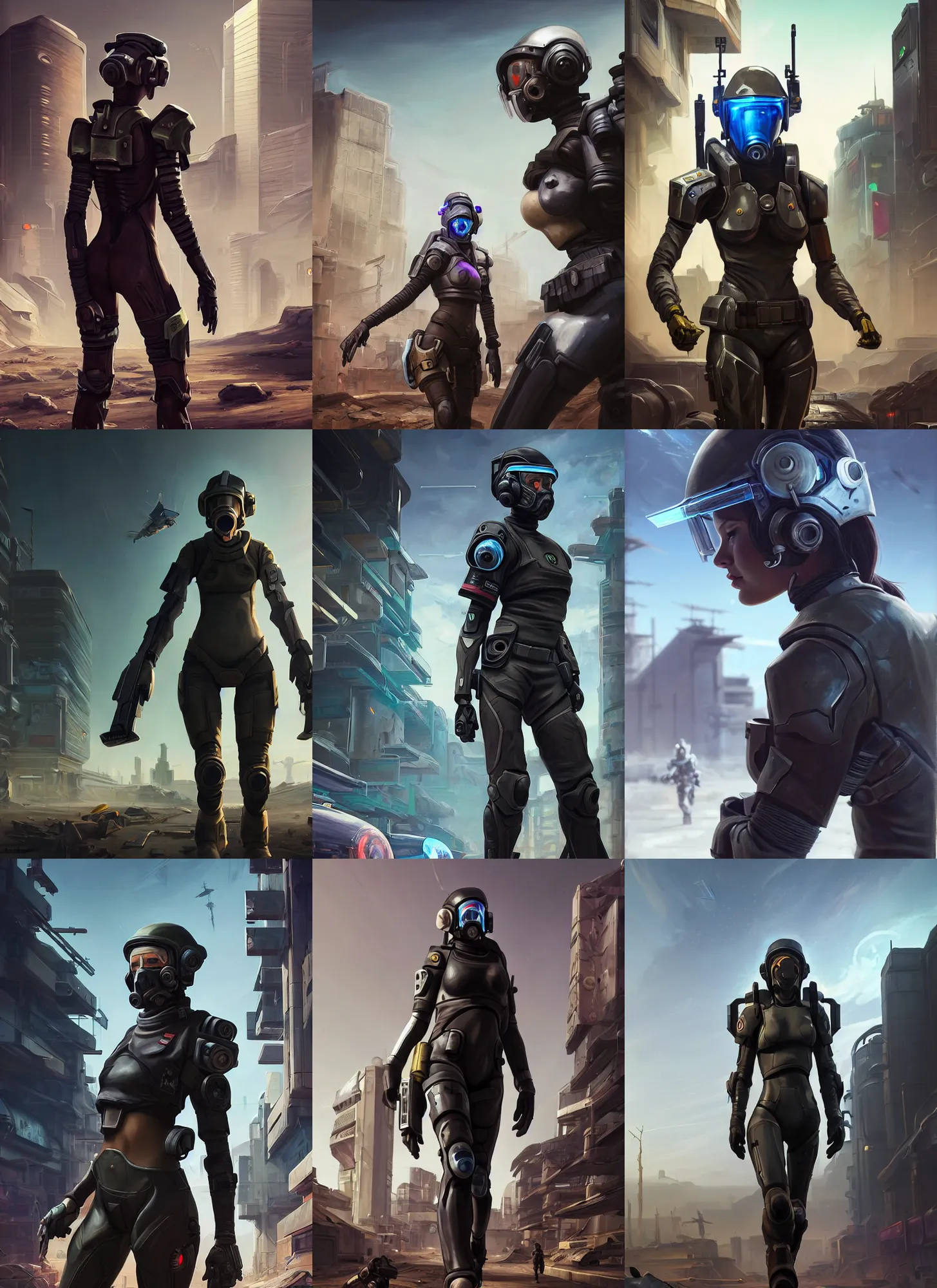 Prompt: realist painting of a female frontier militia pilot walking across a cyberpunk wasteland without a helmet, human woman face, symmetrical face details, League of Legends Character Splash Art, ultra realistic, very highly detailed, 8K, octane, Digital painting, concept art, illustration, rule of thirds, sharp focus, centered, Halo Spartan Armor!!, rubber suit, Zdzisław Beksiński