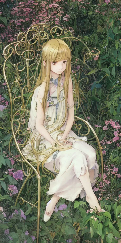 Image similar to a close up of a loli with long hair in a dress sitting on a metal garden chair in the privet garden at afternoon, green and warm theme, back lighting, by krenz cushart and mucha and akihito yoshida and greg rutkowski and makoto shinkai and studio ghibli, detailed eyes, 4 k resolution, trending on art station