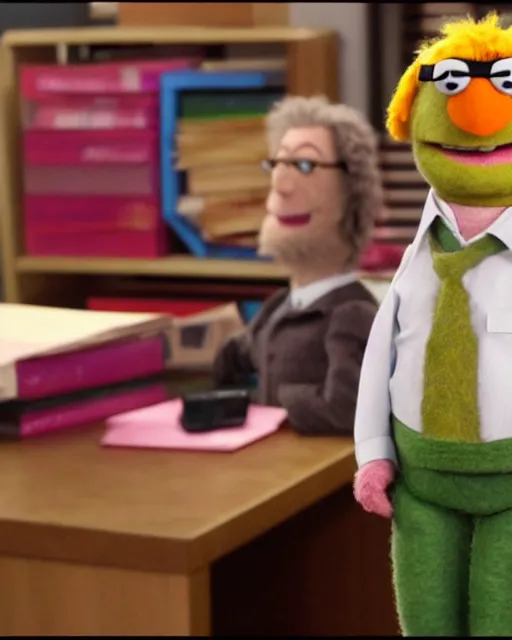 Prompt: film still from the office, dwight schrute as a muppet. highly detailed felt. hyper real photo. 4 k.