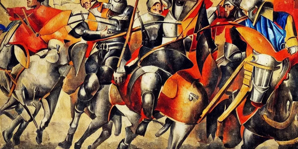 Image similar to italian futurism style painting of medieval knights jousting